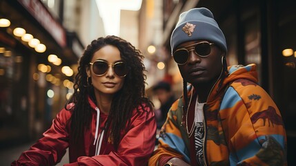 Fototapeta na wymiar A duo in casual attire poses against an urban-inspired background, capturing the essence of modern street style with authenticity