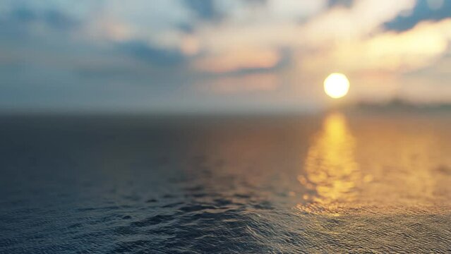 Gentle waves of ocean water and a beautiful sunset against the background in defocus, 3D render