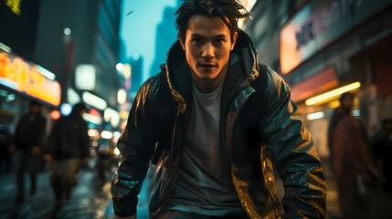 A dynamic capture of a Japanese male model skateboarding through a modern cityscape, taken from a handheld HD camera, emphasizing his effortless style and urban flair
