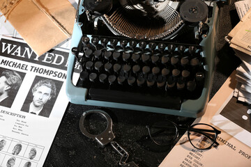 Retro typewriter, handcuffs, eyeglasses and criminal files on dark background
