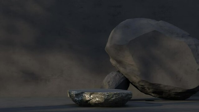 3D render animation platform marble with black back wall and tree silhouette