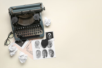 Composition with retro typewriter, criminal files and crumpled paper balls on light background