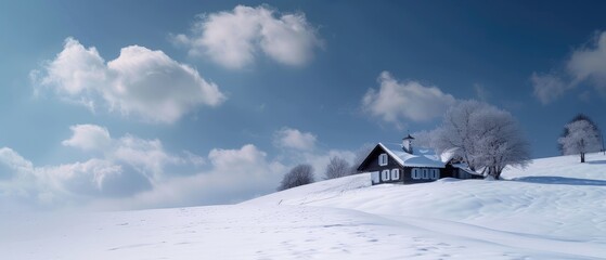 Serene Winter Landscape with Snow-Covered Cottage