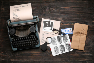 Composition with retro typewriter, criminal files and document of FBI agent on dark wooden...