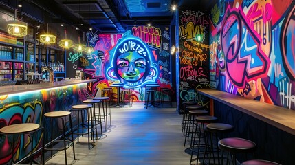 Fototapeta premium The walls are splashed with neon graffiti giving off a cool urban vibe