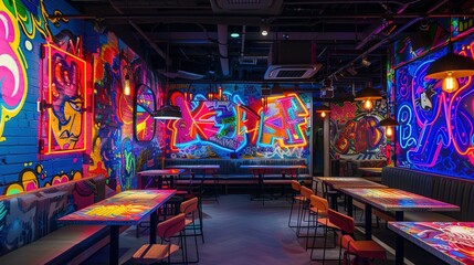 The walls are splashed with neon graffiti giving off a cool urban vibe © Jennifer