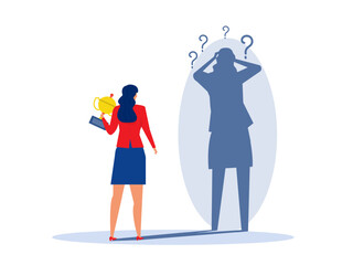 Imposter syndrome.businesswoman standing to success new position with fear shadow Back. Anxiety and lack of self confidence at work; the person fakes is someone else concept