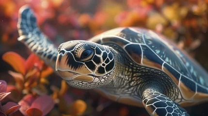Tuinposter Animated sea turtle encounter during summer diving, vibrant fluorescent underwater scene © Kanisorn