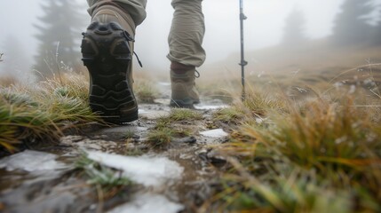 Close-up view of a hiker's boots on a misty mountain trail, capturing the essence of solitary adventure amidst nature's serene embrace - obrazy, fototapety, plakaty