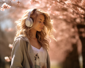 ai generated woman listening music wearing headphones in spring time