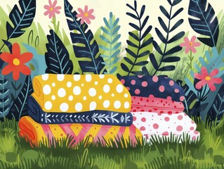 Colorful patterned towels on grass in park setting, picnic vibe, minimal illustration