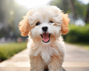 ai generated cute happy maltipoo dog walking in a park
