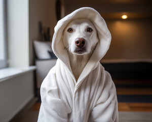 ai generated dog in a white bathrobe