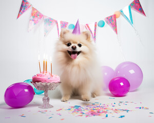 ai generated cute white spitz celebrating happy birthday with a birthday cake