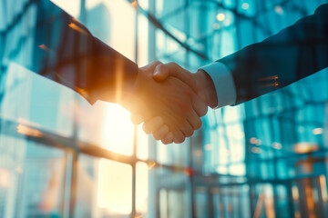 Businessman handshake on workplace background at sunrise. Partnership, successful deal, agreement, business contract concept. - obrazy, fototapety, plakaty