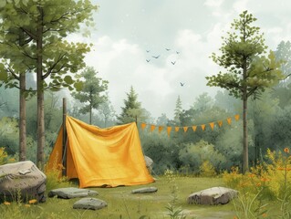 Illustrated minimalist campsite adorned with colorful towel flags, summer playfulness