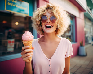 ai generated woman with curly hair wearing glasses, eating ice cream