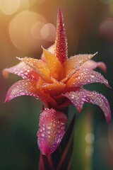 Fototapeta premium Exotic flower close-up with morning dew, soft focus for a dreamy garden effect