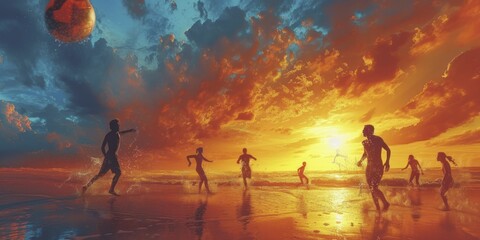 Fantasy fluorescent toned beach volleyball game, dynamic summer lifestyle illustration