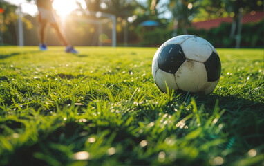 soccer ball on the lawn with copy space 