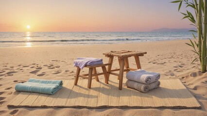 A bamboo mat on the sand, overlooking sunrise and the ocean, with a small wooden stool displaying rolled towels, Generative AI