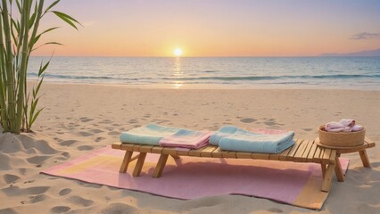 A bamboo mat on the sand, overlooking sunrise and the ocean, with a small wooden stool displaying rolled towels, Generative AI