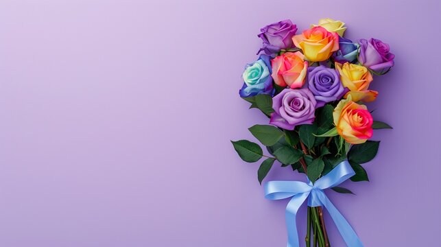 Bouquet of colorful rainbow colored roses decorated with blue silky ribbon tie isolated on lilac background with copy space, concept of birthday, Valentine, Christmas, pride, mother's day celebration 