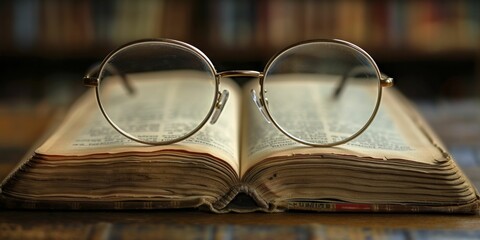 Reading highlighted by glasses on open book, soft lighting, minimal white ambiance