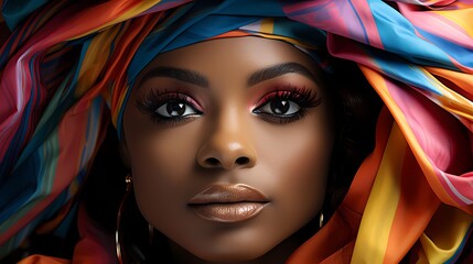 A close-up shot of a model with vibrant makeup, gazing directly into the camera, framed against a seamless white background