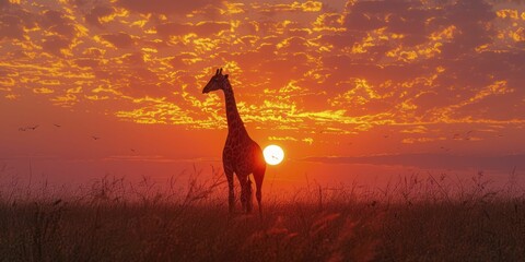 Sunny savannah safari scene with silhouetted wildlife, warm and vibrant travel concept