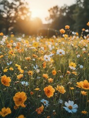 Wildflowers in sun, field's brightness and cheer, summer day theme
