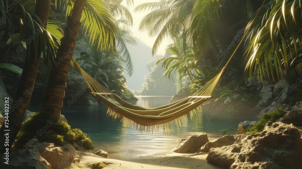 Canvas Prints Tropical paradise with hammock between palms, soft airy aesthetic, tranquil solitude concept