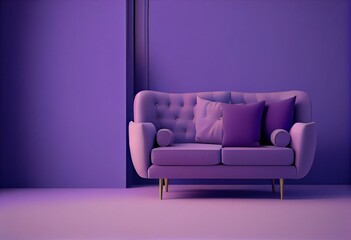 Soft purple sofa on purple background, 3D illustration, AI generated image. Modern minimalistic living room interior detail. Cosiness, social media and sale concept, creative. Generative AI