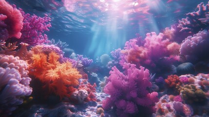 Vibrant coral reef frames underwater snorkeling, fluorescent fantasy adventure