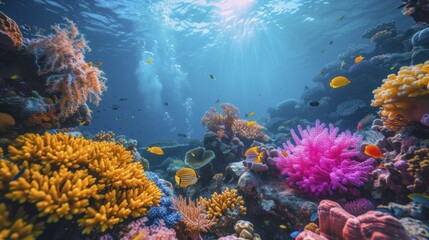 Snorkeling adventure, underwater vibrancy with coral reef, fluorescent fantasy