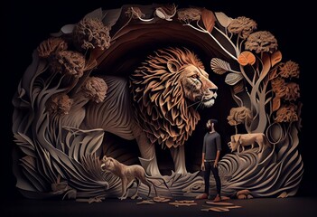 Daniel in the Lion's Den. Paper art. Abstract, illustration, minimalism. Generative AI