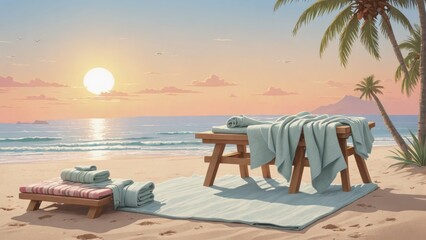 Serene Sunrise Beach Setup with Comfortable Towels and Mat, Generative AI