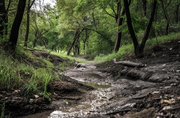 Fototapeta na wymiar Muddy Trail in Lush Green Forest After Rain