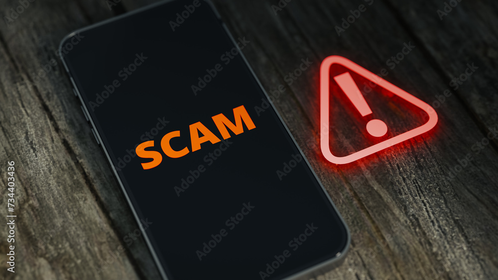 Aufkleber concept of being scammed by cell phone.3d rendering