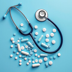 A doctors stethoscope and pills or medication on a blue background in a modern flatlay design.  Healthcare or medical concept.