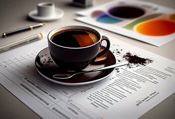 Fresh black coffee with spoon and documents on white table, created using generative ai technology - obrazy, fototapety, plakaty