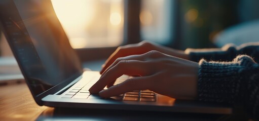 Typing on Laptop Keyboard at Sunset - obrazy, fototapety, plakaty