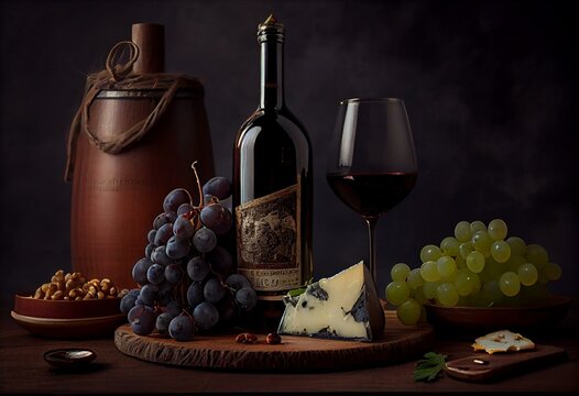 Bottle of red wine with grapes and a delicious cheese plate. Still life style. Generative AI