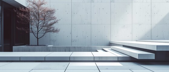 Modern Building Entrance with Blossoming Tree