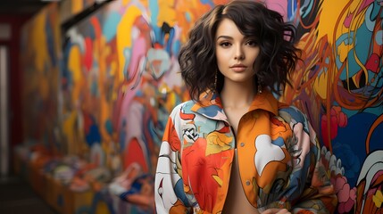 A fashionable Japanese model posing against a backdrop of colorful street art, wearing a bold and eclectic outfit that showcases a fusion of diverse colors, with the image captured in high definition