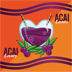 acai lovers heart vector illustration with orange background
