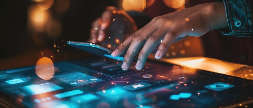 User Interacting with Futuristic Touchscreen Interface