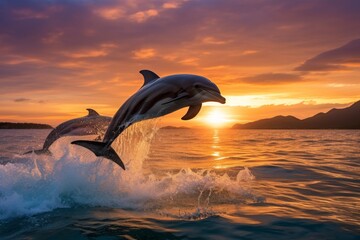 Dolphin Jumping in Sunset: Majestic Marine Beauty