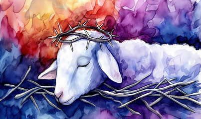 Easter Lamb Sacred Symbol: A White Lamb Crowned with Thorns - Embodying Religious Reverence and Sacrifice.  Religious Art.