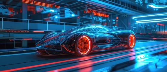 Futuristic Sports Car Speeding in Neon City
